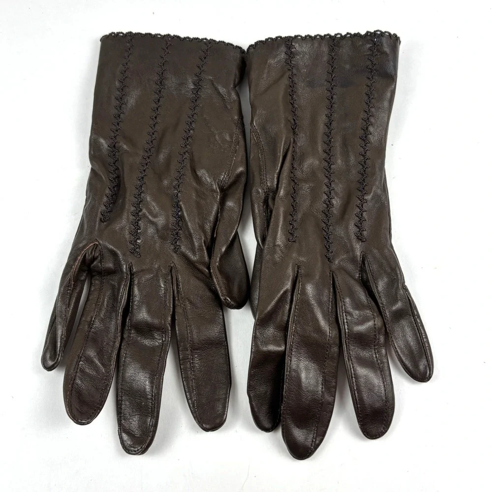 Gloves by Superb Leather Gloves Women 6.5/7 Brown Vintage Stitched Trim